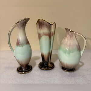 Vintage Brown & Celadon Drip Pottery Ceramic Vase Jug Set West Germany